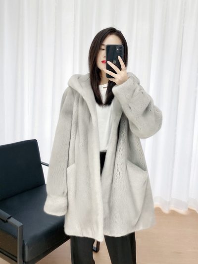 进口紫标天鹅绒貂皮大衣女整貂连帽水貂皮草女中长款廓形裘皮外套